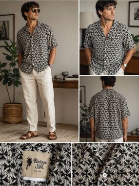 VINTAGE SILK 100% Silk Hawaiian Camp Shirt Black White Tropical Print Large